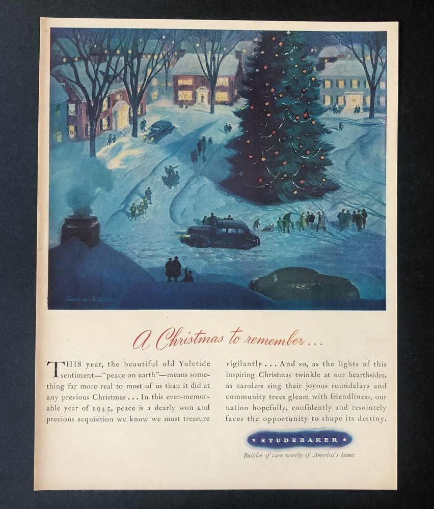 1945 Studebaker Advertisement Christmas Tree Gathering Artwork Vintage Print AD