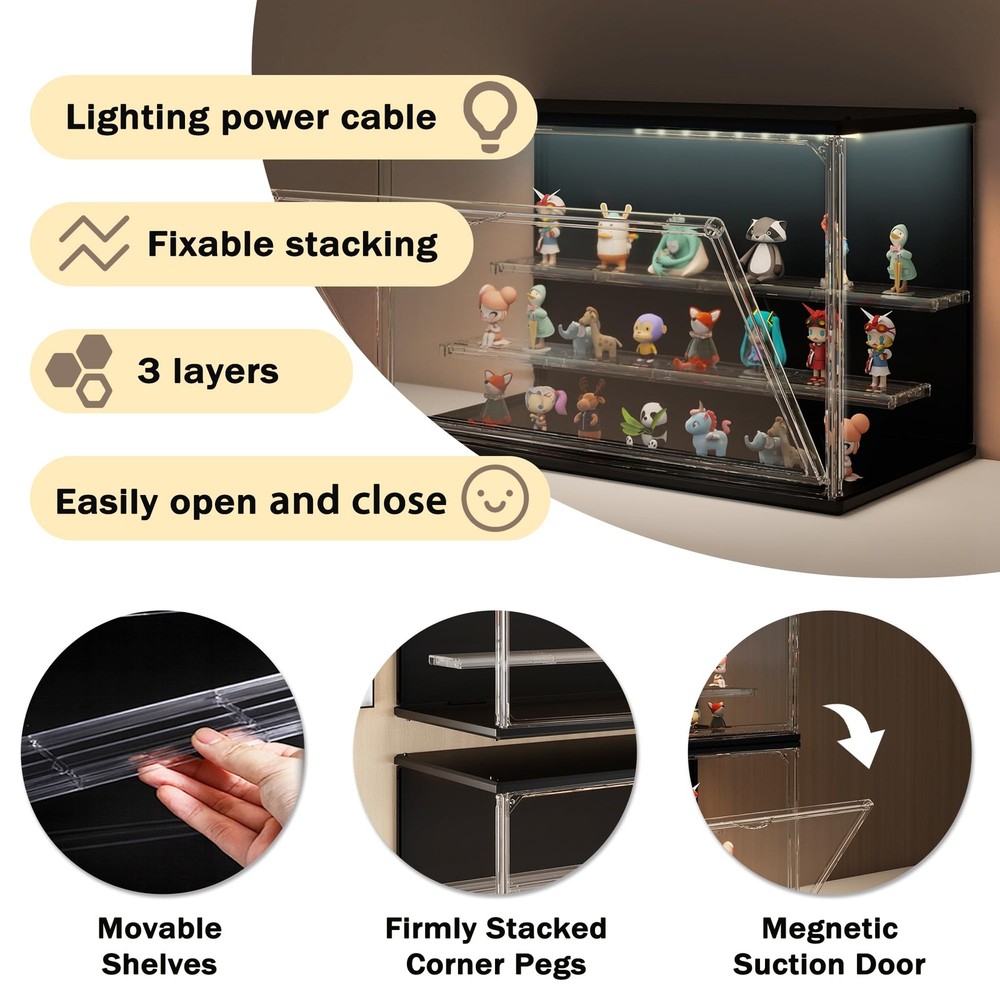 Clear Display Case for Collectibles, 3Tier Stackable LED Figure Display Case ...
