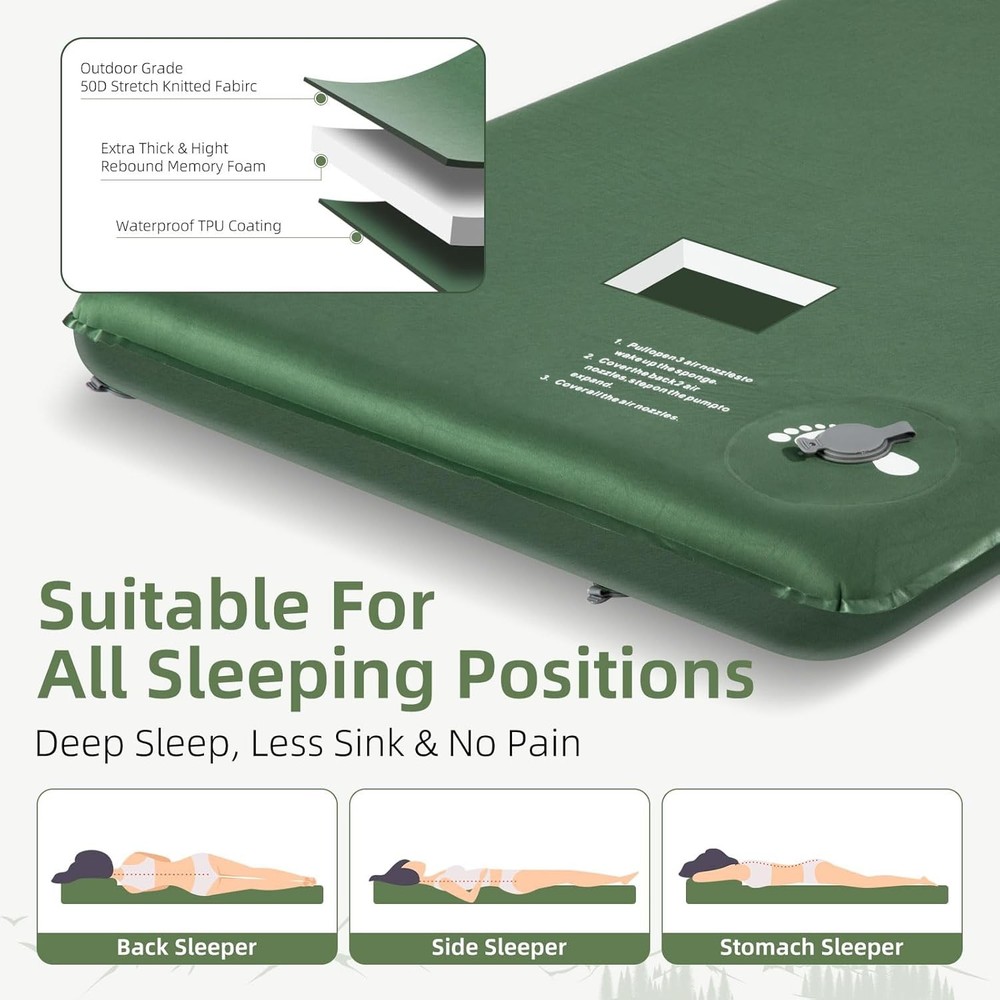 Memory Foam Sleeping Pad, 3.1 Inch Extra Thick Foam Camping Sleeping Pad