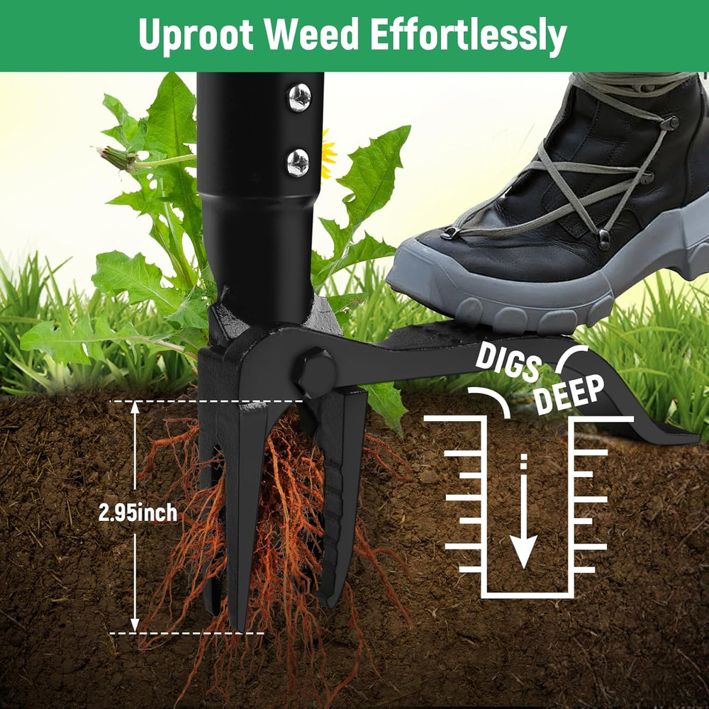 Weed Puller Tool, 4-Claw Stand up Weeder with Adjustable 46” Handle for Remove W