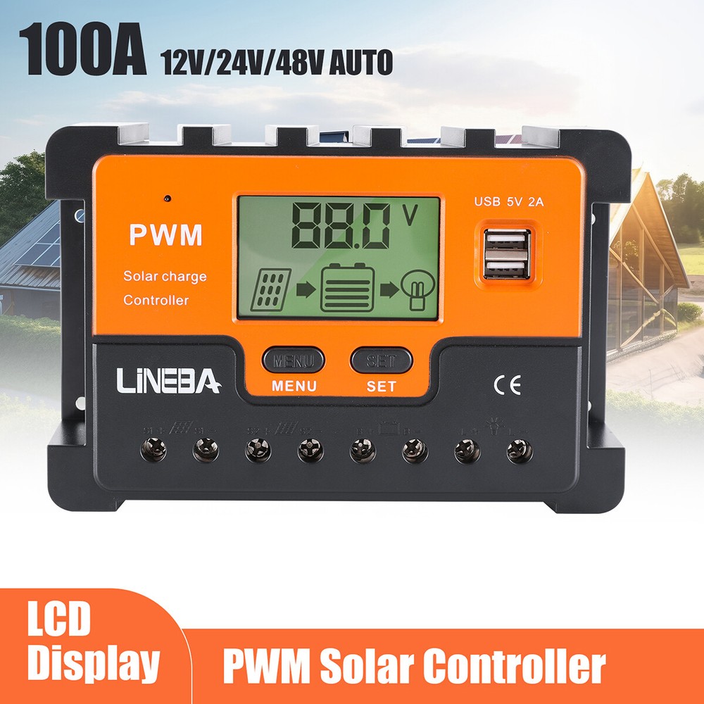 100A Solar Panel Battery Charge Controller 12V/24V/48V LCD Regulator Auto 2USB