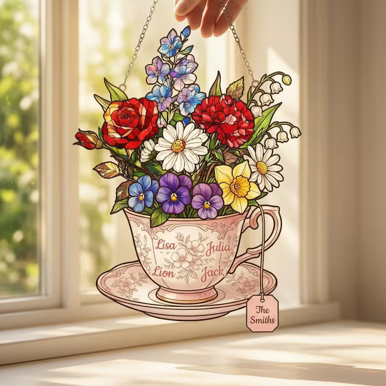 Personalized Floral Teacup Acrylic Suncatcher Window Decor