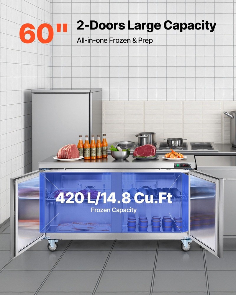 60" Stainless Freezer Prep Table, 14.8 Cu.Ft, Dual Doors, Lockable & Casters