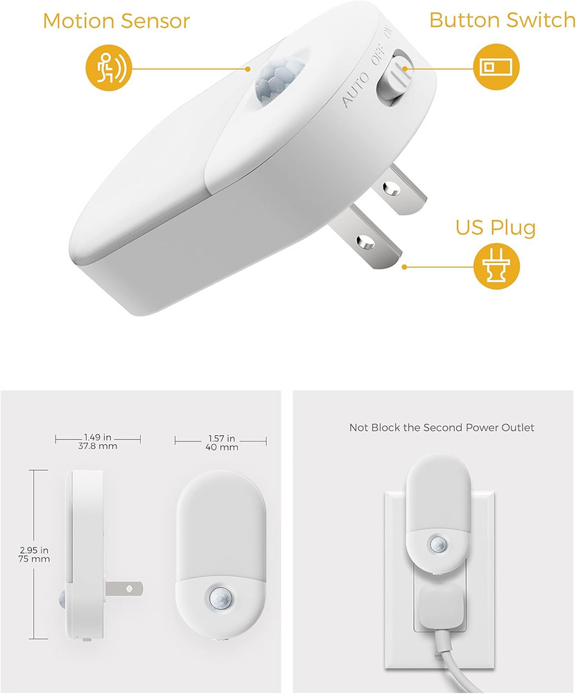 LOHAS LED Motion Sensor Night Light 2-Pack | Plug-In 3000K Warm White Adjustable