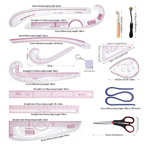 French Curve Ruler for Pattern Making, 15 Pieces Clear Sewing Ruler Set for