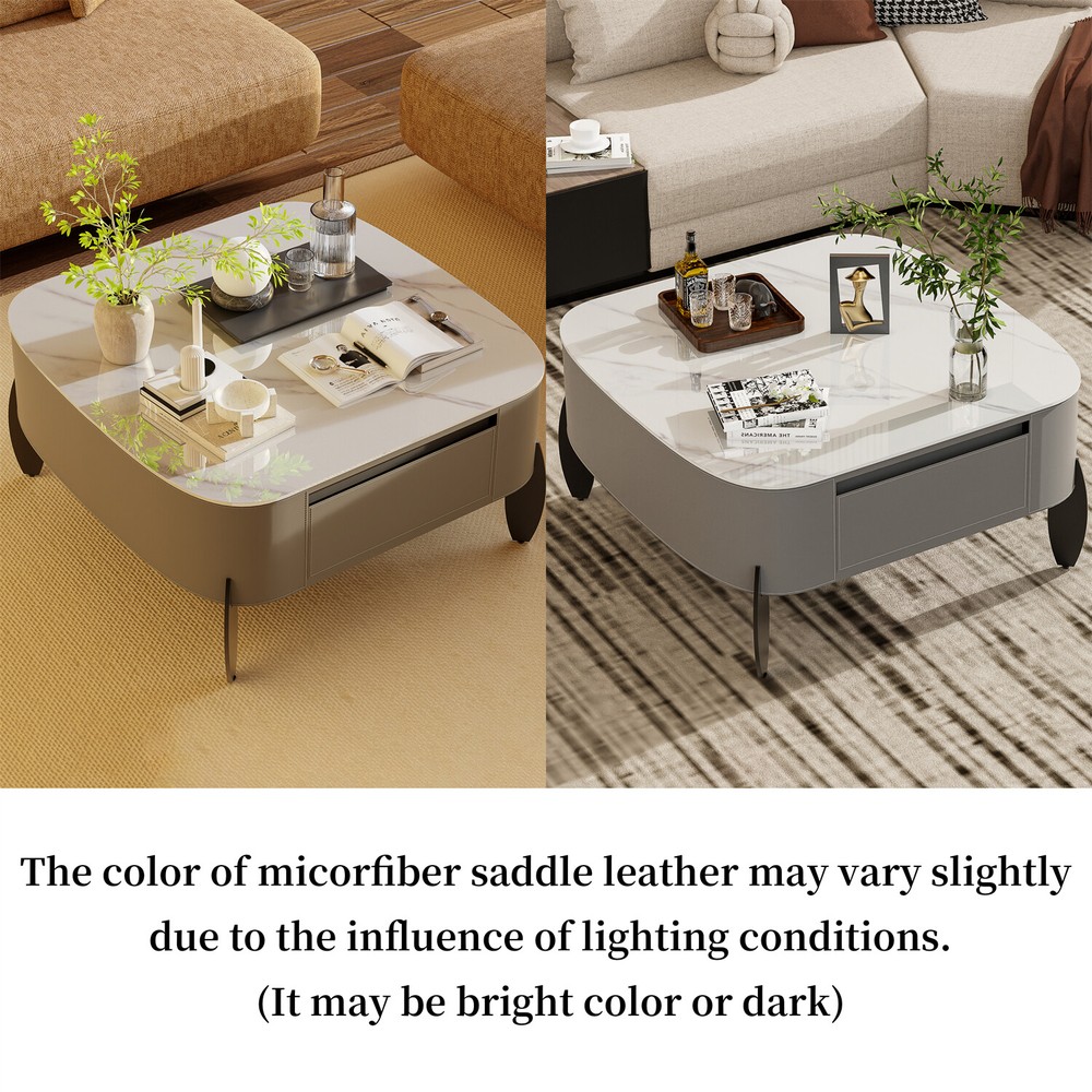 32'' Diameter Modern Coffee Table Luxury Stone Top Saddle Leather Center Table