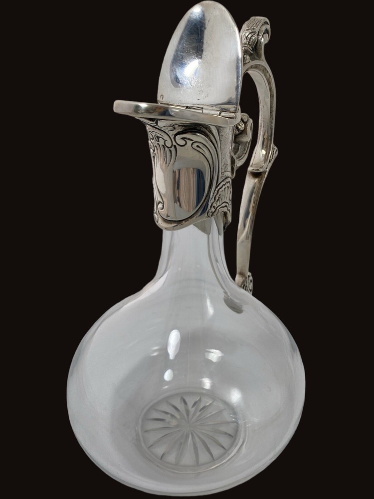 ANTIQUE FRENCH SILVERPLATE SOLID BRONZE CRYSTAL CARAFE PITCHER DECANTER