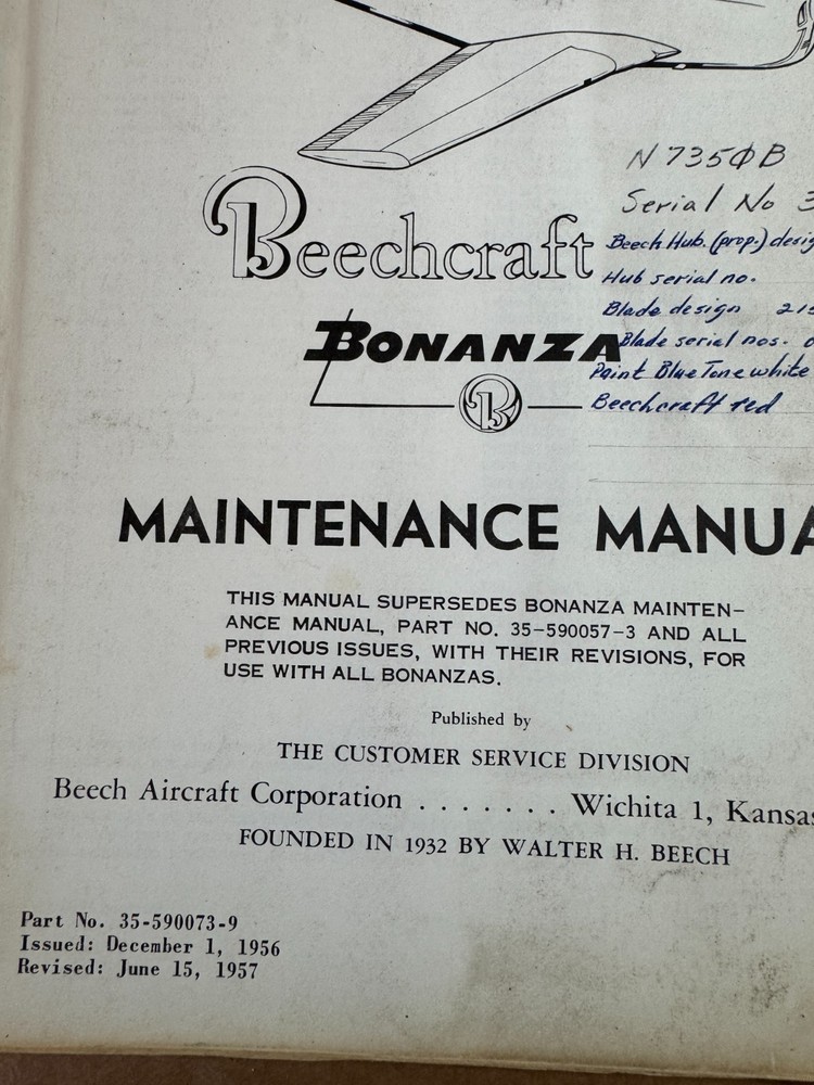 Original 1957 Beech Model 35 Maintenance Manual
