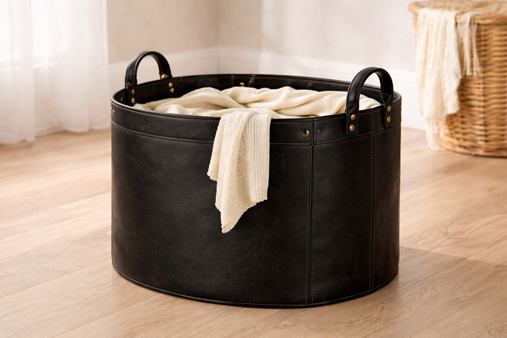 Leather Laundry Basket Hamper Large Round Storage Bin Clothes Organizer Brown