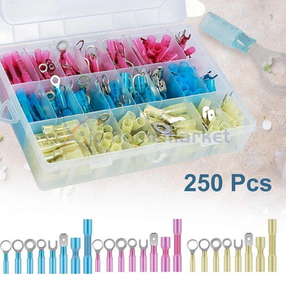 250PC Heat Shrink Wire Connectors Electrical Ring Fork Spade Crimp Terminals Kit