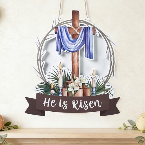 He is Risen Easter Decorations Wooden Cross Wreath, Easter Wreath for Front