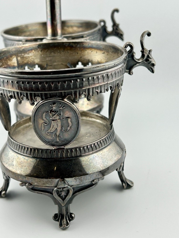 Antique Victorian Silver Plate Double Condiment Cruet EAPG Insert Pickle Fork