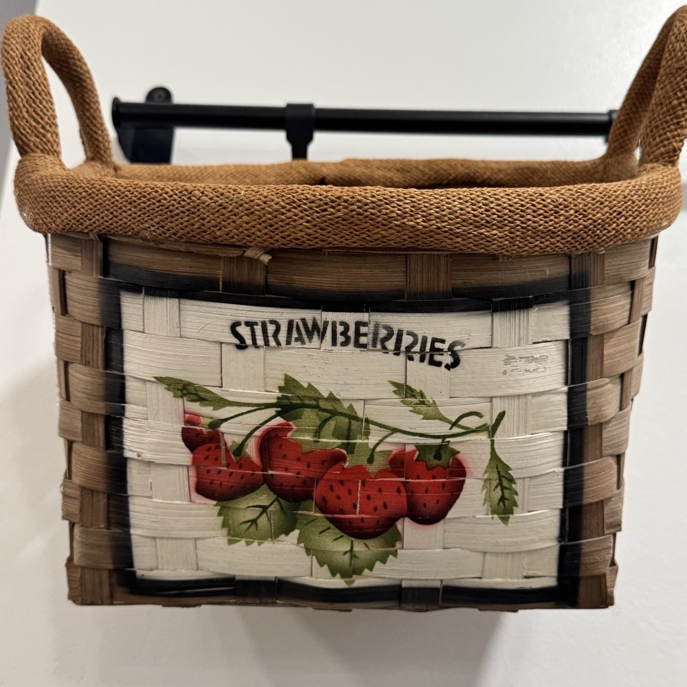 Woven Rattan Basket Strawberry Paint Decor Handle Cottage Core Kitchen Farmhouse