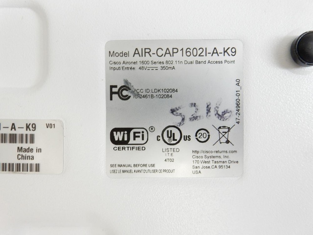 Cisco AIR-CAP1602I-A-K9 Dual Band Access Point 802.11n Controller Based POE