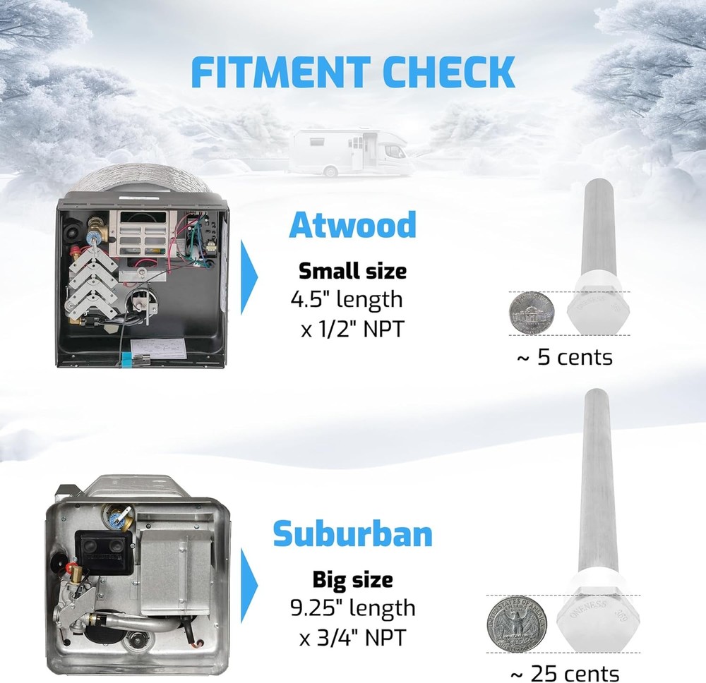 RV Water Heater Anode Rod - 2-Pack, 2 Years 9.25" L x 3/4" NPT, Silver