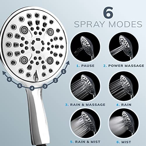 6 Functions Large Oversized Handheld Shower Head Set 6" High Pressure 60 Inch
