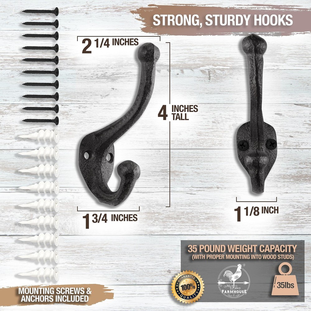 Rustic Cast Iron Coat Hooks (10 Pack) Wall Mounted Farmhouse Decorative Hooks