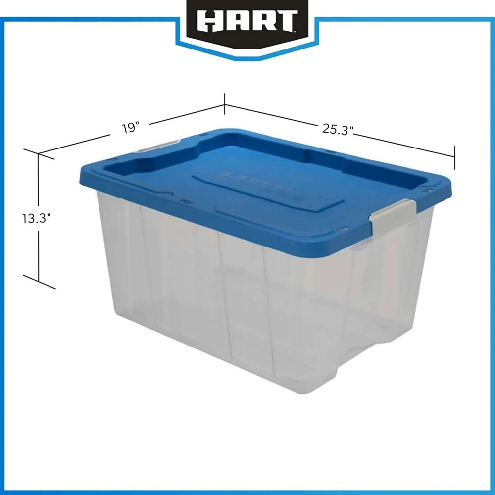 HART 68 Quart Clear Latching Plastic Storage Bin Container, Clear with Blue Lid,