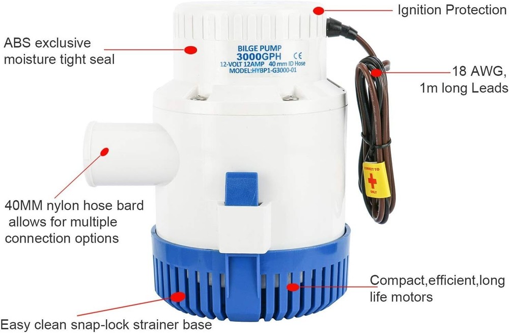 12V 3000GPH Bilge Pump Boat Marine Water Pump Submersible Plumbing Electric Pump