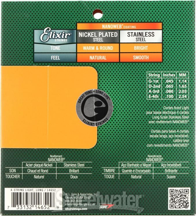 Elixir Strings 14652 Nanoweb Electric Bass Guitar Strings - .045-.100 Light Long