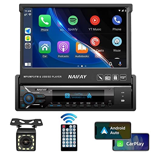 Single Din Touchscreen Car Stereo with Carplay & Android Auto, 7inch Flip Out
