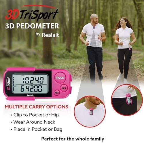 3DTriSport 3D Walking Pedometer with Clip & Strap, Accurate One Size Magenta