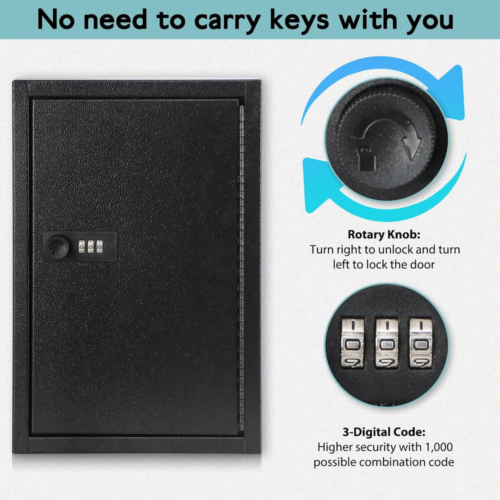 Locking Key Cabinet, 40 Key Storage Lock Box with Code, Key Box Wall Mount with