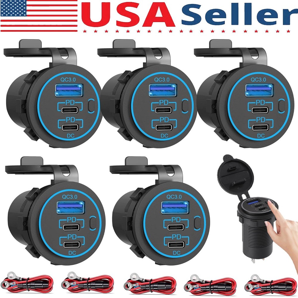 12-24V USB C 3 Port Fast Car Charger PD & QC3.0 Outlet Socket for Boat RV Marine