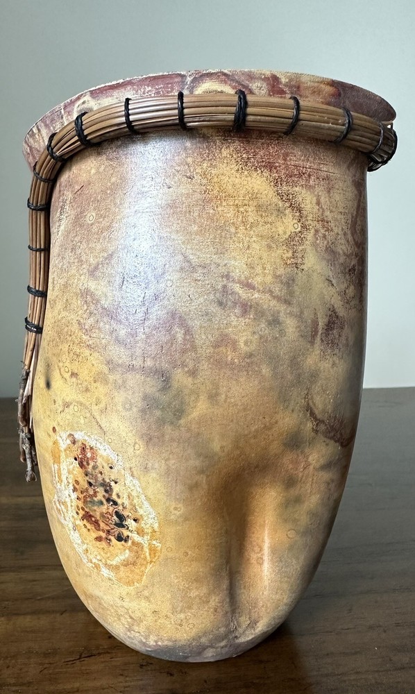Pottery Vase Threaded Bamboo Rim, Primitive Pottery, Signed, Unique