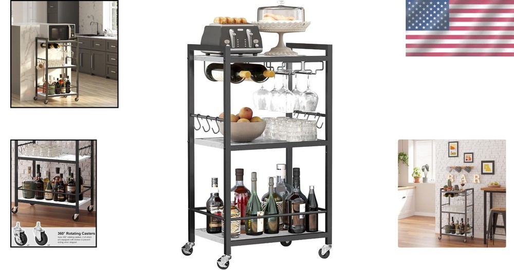 Elegant Marble White Bar Cart with Wine Rack - Stylish Multi-Function Design