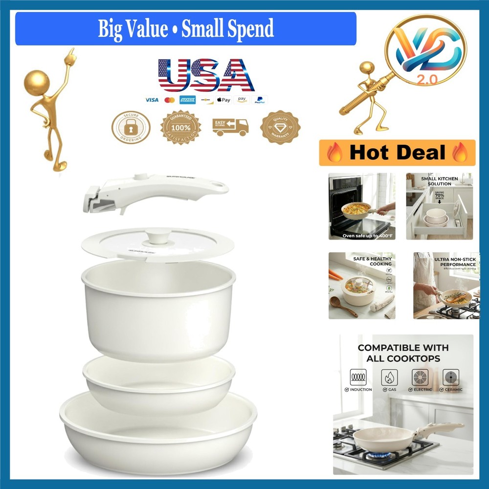 5-Piece Ceramic Nonstick Cookware Set with Detachable Handle White