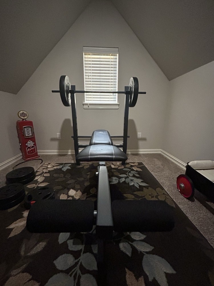 Marcy Bench Press Weight Bench Black with Barbell Plates Leg Developer Set