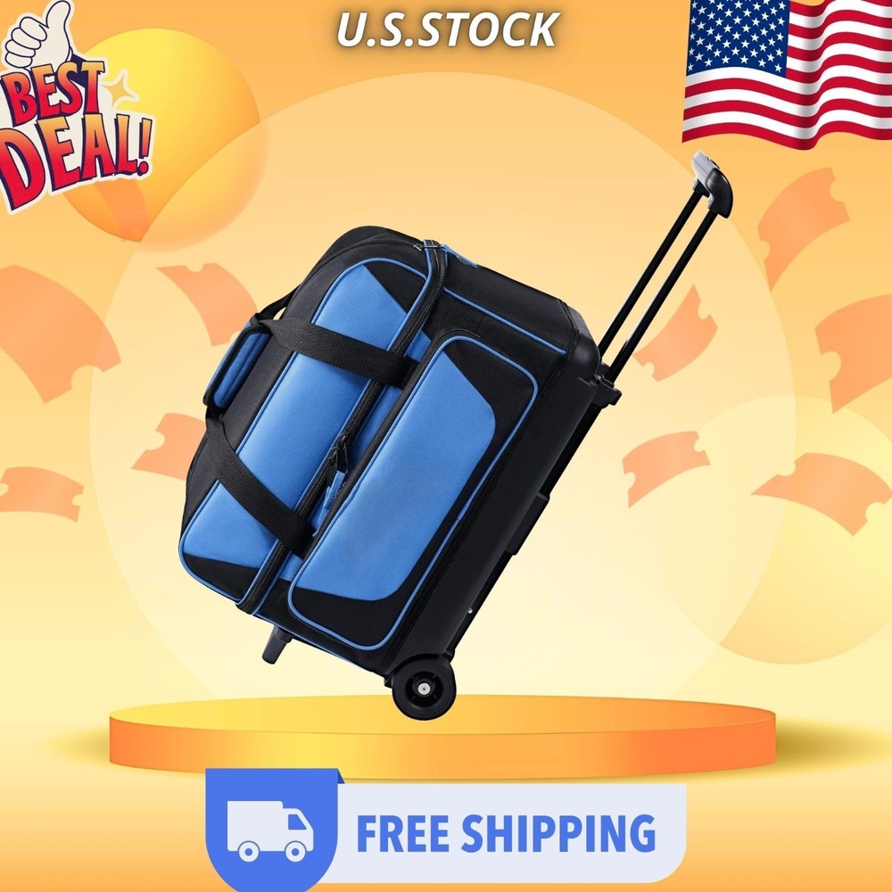 Double Roller Bowling Bag 2-Ball w/ Shoe Compartment & Retractable Handle