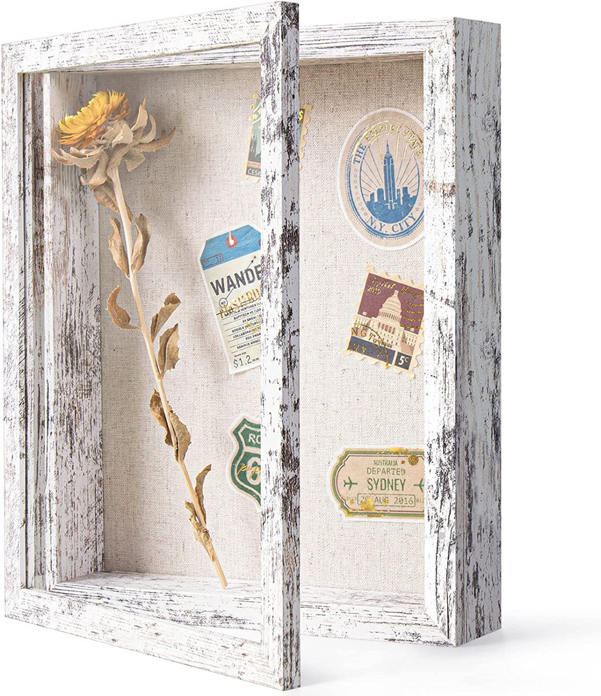 Shadow Box Frame with Linen Back - Sturdy Rustic Memory 8x10 Distressed White