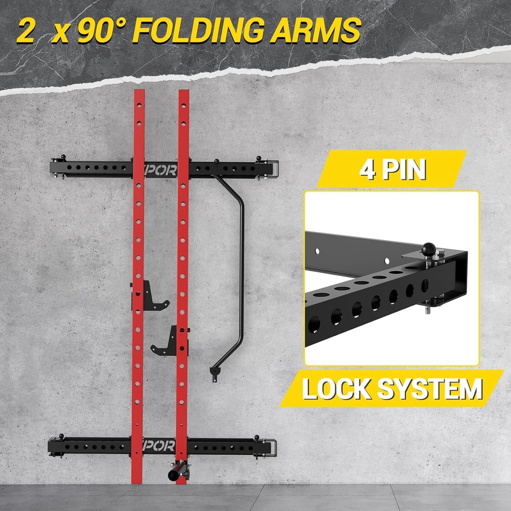 Folding Wall-Mounted Squat Rack 1000Lbs with Pull-Up Bar & J-Hooks