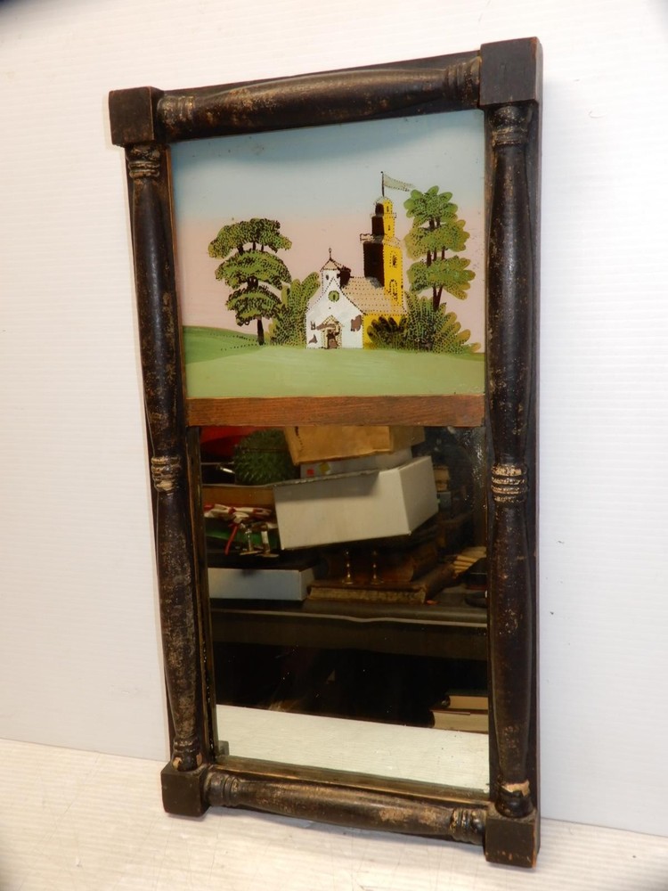 ANTIQUE FEDERAL WALL MIRROR REVERSE PAINTED TABLET CA. 1830 2