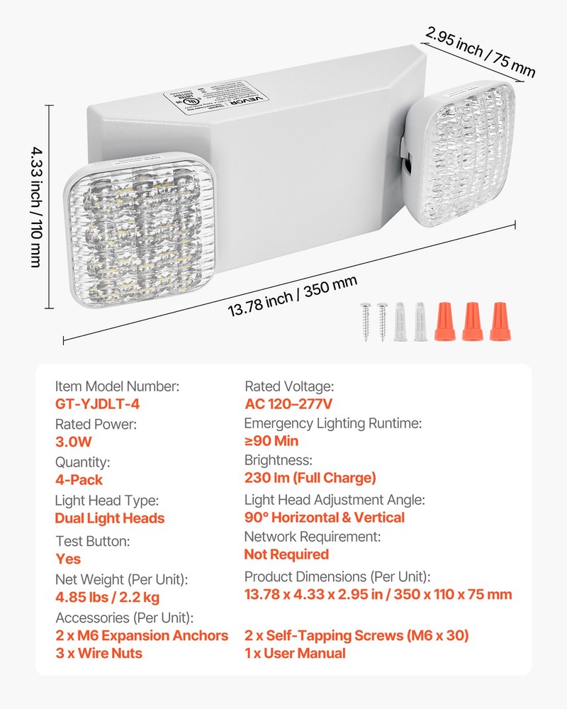 VEVOR 4 Pack Emergency Lights for Business with Battery Backup LED Exit Lighting