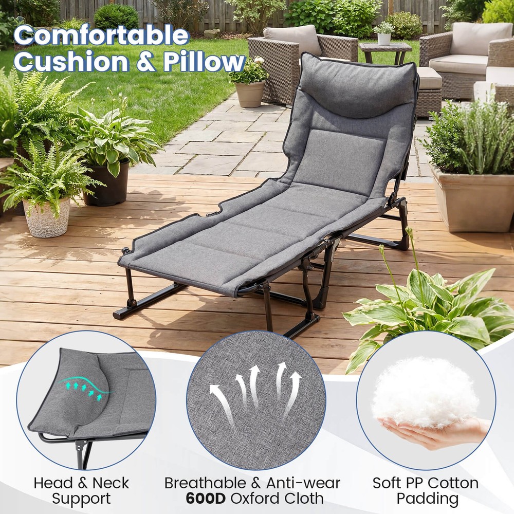 Folding Camping Cot w/Mattress 6 Backrest Positions Head Pillow Foldable Armrest