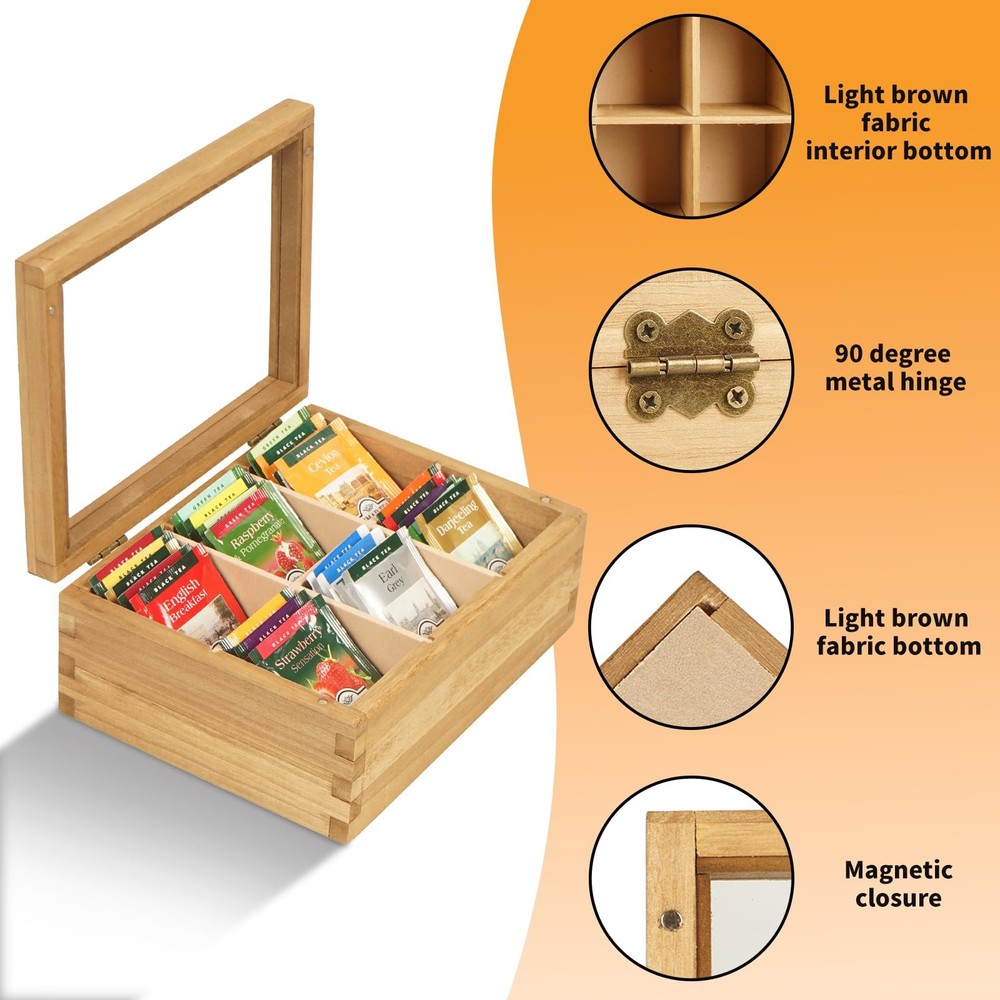 Wood Tea Bag Organizer, 6 Compartment Multi-Functional Box, Storage Container