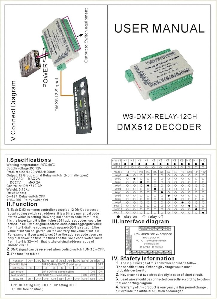 DMX Relay Switch Decoder DMX512 12ch LED Lighting Controller 24v 1A Normal Open