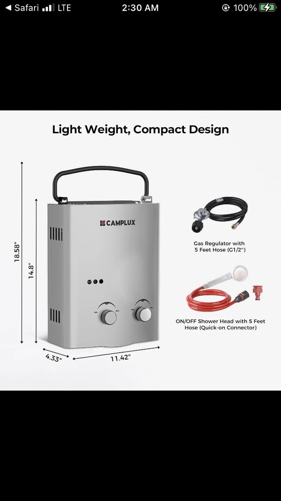 Camplux 5L 1.32 GPM Outdoor Portable Tankless Water Heater Camping AY132G Gray