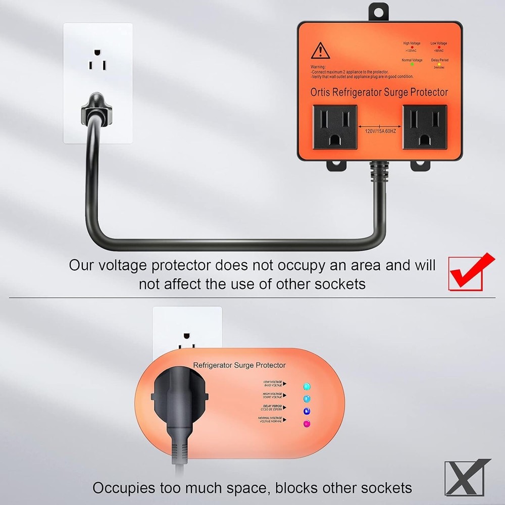 Enhanced Voltage Protector - Safeguard Refrigerators with 3Min Delay & 2 Outlets