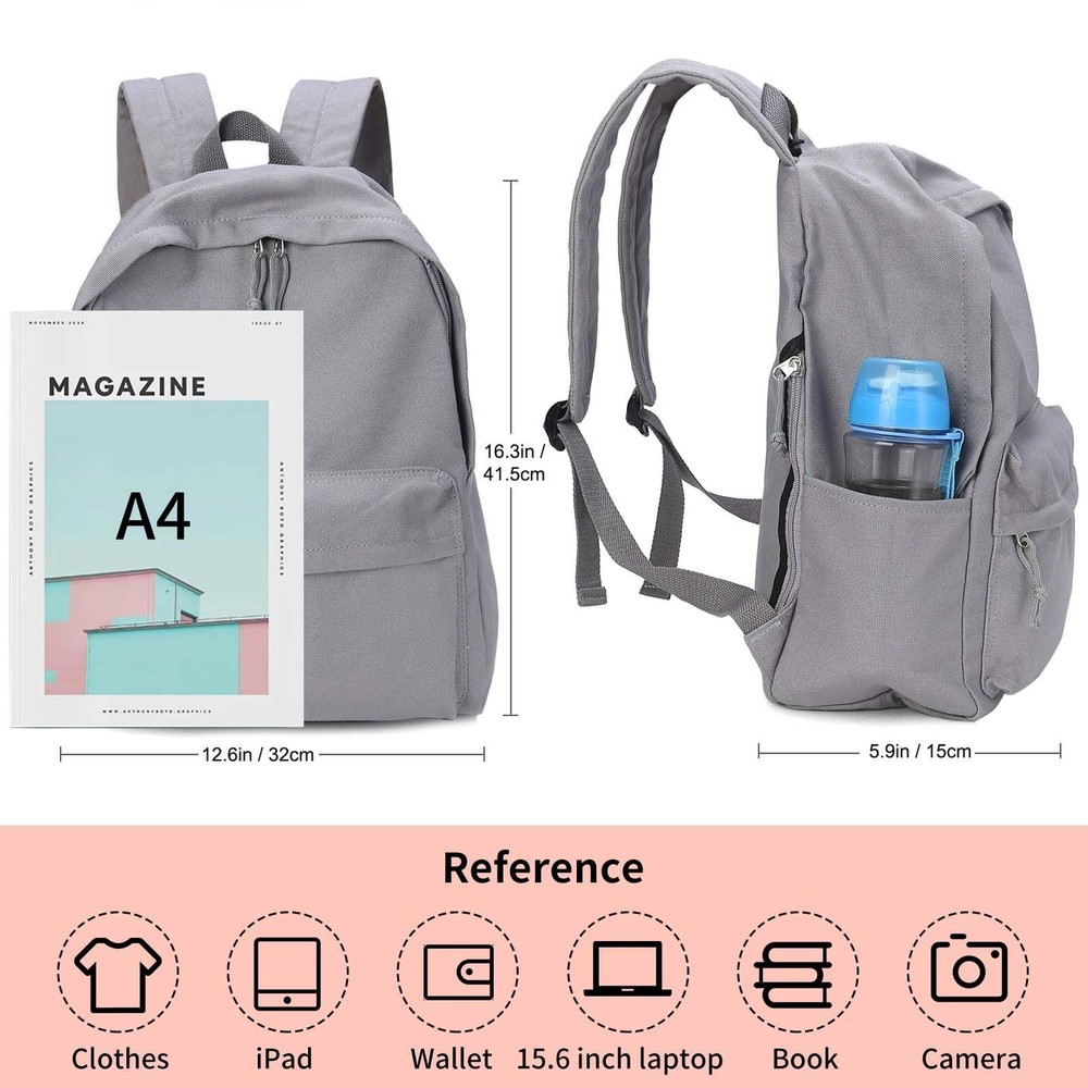 Zicac Diy Canvas Backpack Daypack Satchel Backpack (Grey, with Side Pocket)