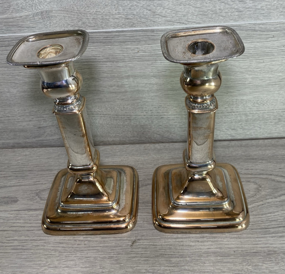 Pair 19th c. Old Sheffield Silver Plate on Copper Telescoping Candlesticks