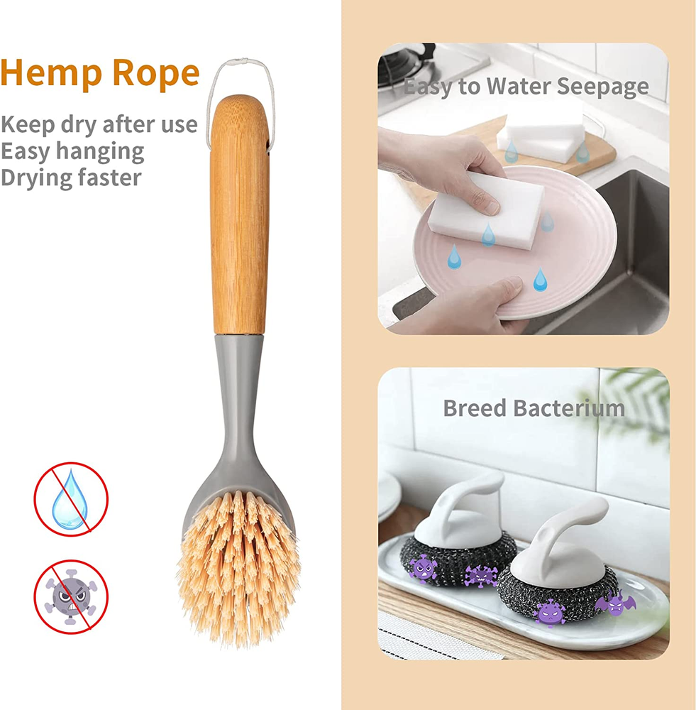 2 Pack Kitchen Dish Scrubber Bamboo Handle Brush Built-in Scraper Scrub Scraper