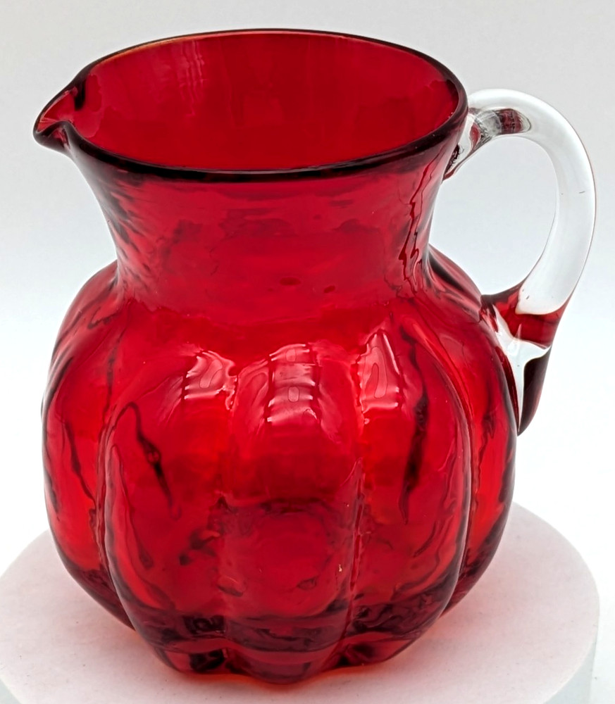 Hand Blown Ruby Red Art Glass Creamer Applied Clear Handle Melon Shape