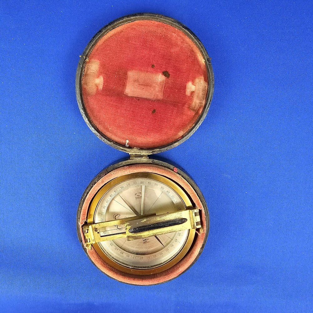 Antique Brass Surveyor's POCKET COMPASS Functioning Needle Lock Original Case