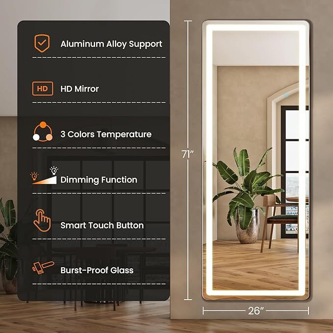 Mirror Full Length Standing Mirror with LED Lights Lighted Floor Standing Mirror