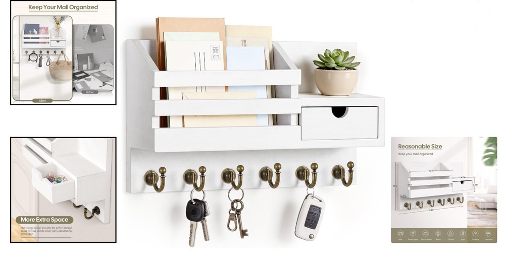 Wall Mount Key Holder with 6 Hooks Mail Organizer Rustic Wood Entryway Decor