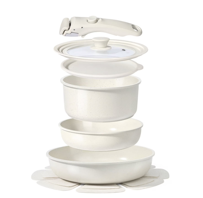 8pc Ceramic Nonstick Cookware Set Detachable Handle Induction Stackable